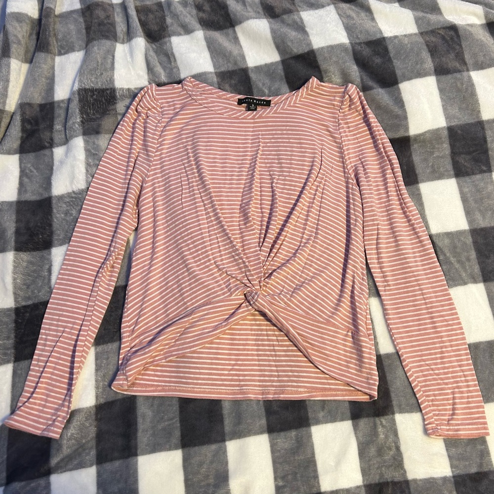 Pink and white stripped long sleeves shirt with tie in front
